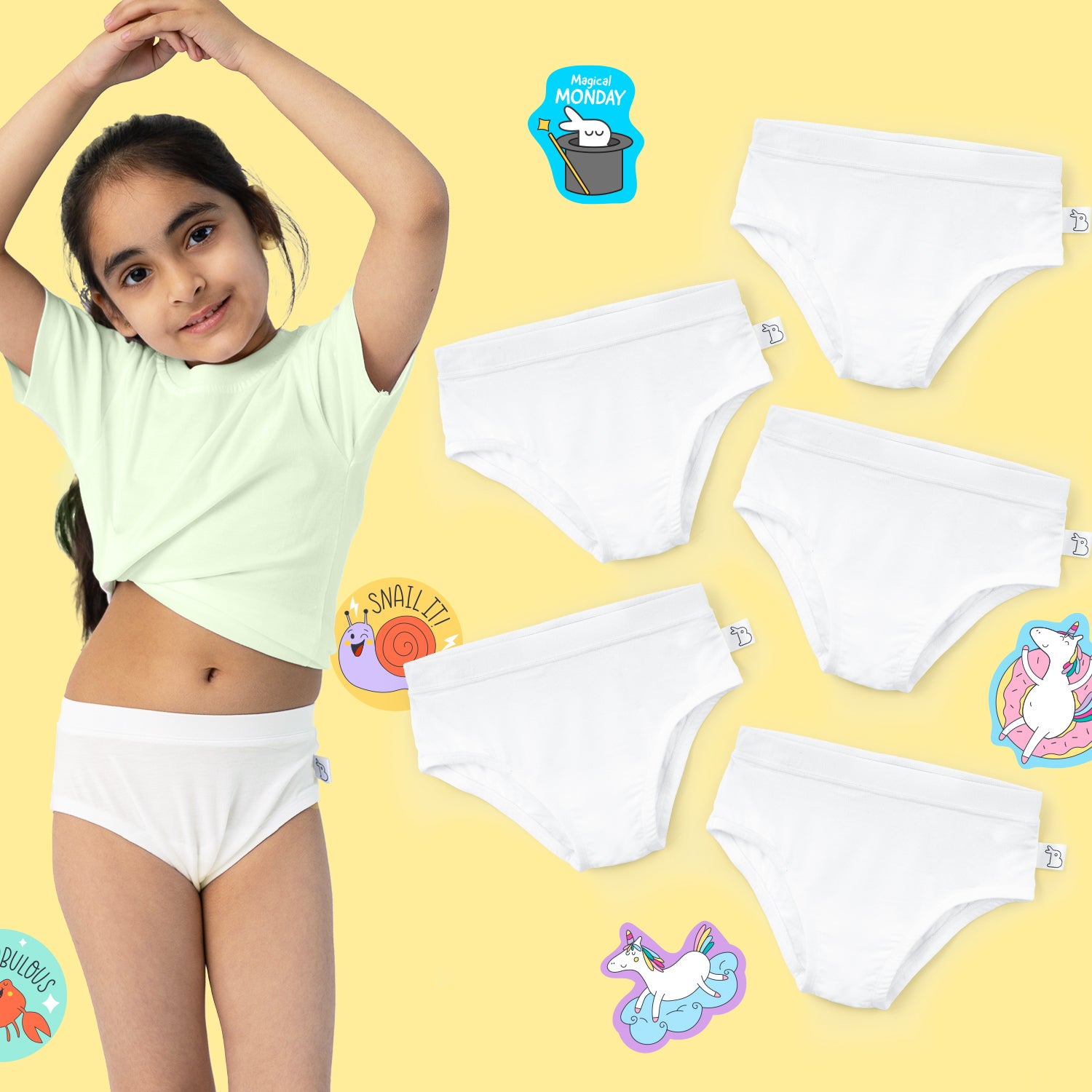 Pack of 5 Girl Briefs with Stickers - White