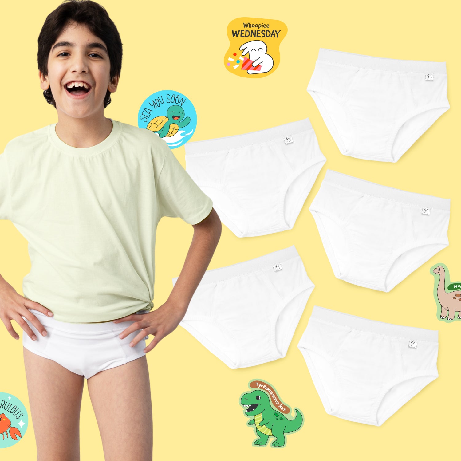 Pack of 5 Boy Briefs with Stickers - White