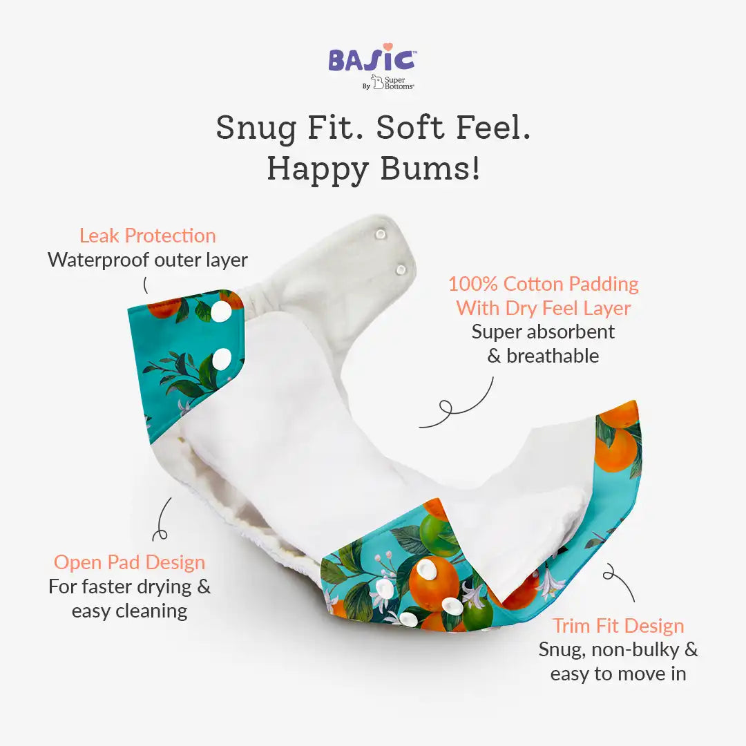 Peaches - BASIC Cloth Diaper, New & Improved with EasySnap & Quick Dry UltraThin Pad