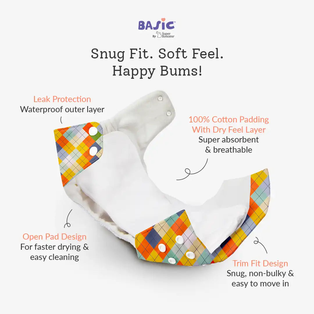 Peach Geometric - BASIC Cloth Diaper, New & Improved with EasySnap & Quick Dry UltraThin Pad