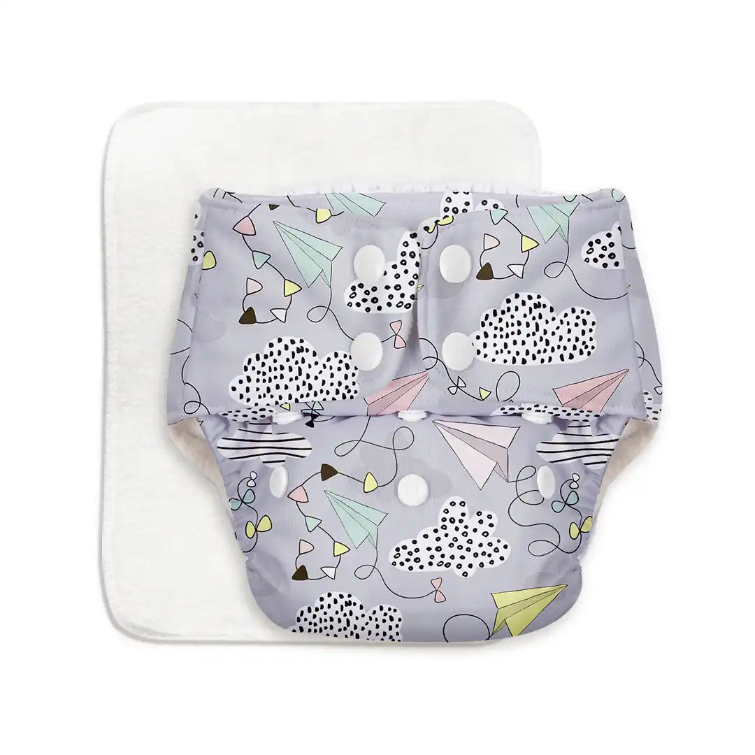 Airplane - BASIC Cloth Diaper, New & Improved with EasySnap & Quick Dry UltraThin Pad