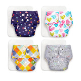 Pack of 4 BASIC Diaper, New & Improved with EasySnap & Quick Dry UltraThin Pad - (4 Shell + 4 Pads) - No Print Choice