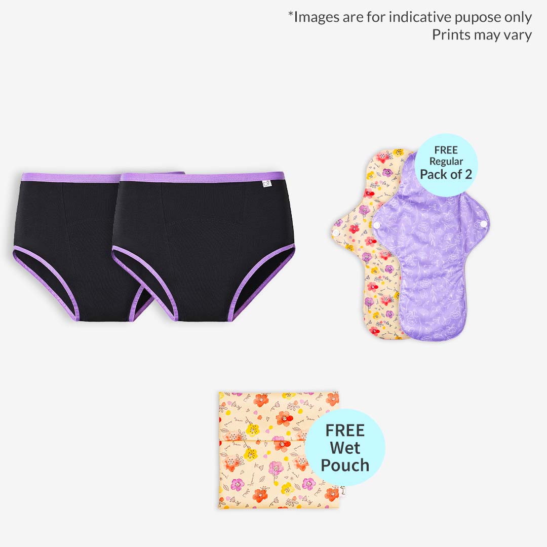 Period Underwear 2 Pack (Black) + 2 Cloth Pads