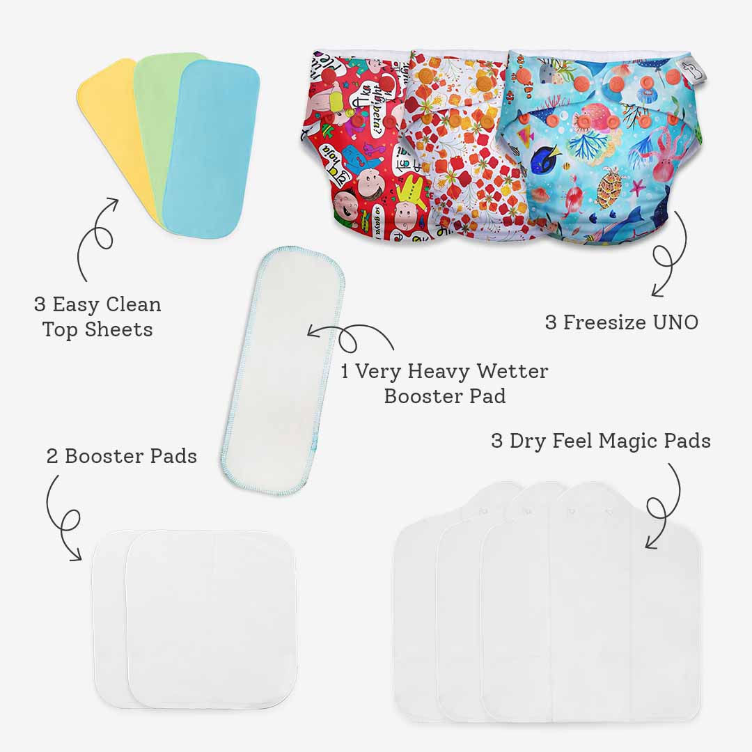 Freesize UNO Cloth Diaper Pack with Pads